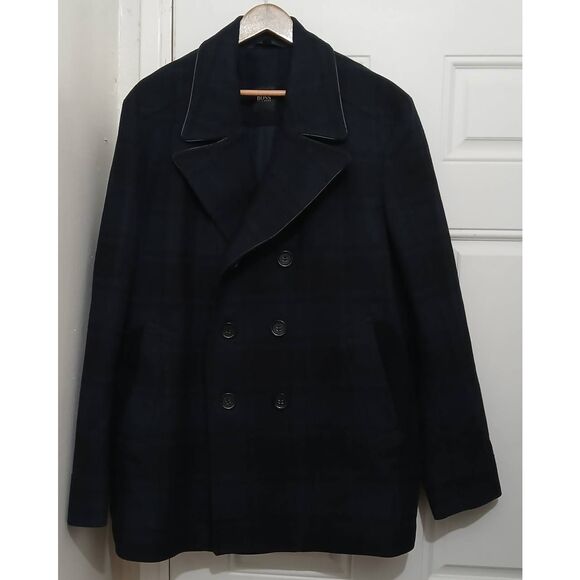 Hugo boss mens Sz 46R wool coat blue black double Breasted leather trim xlarge - Picture 1 of 9